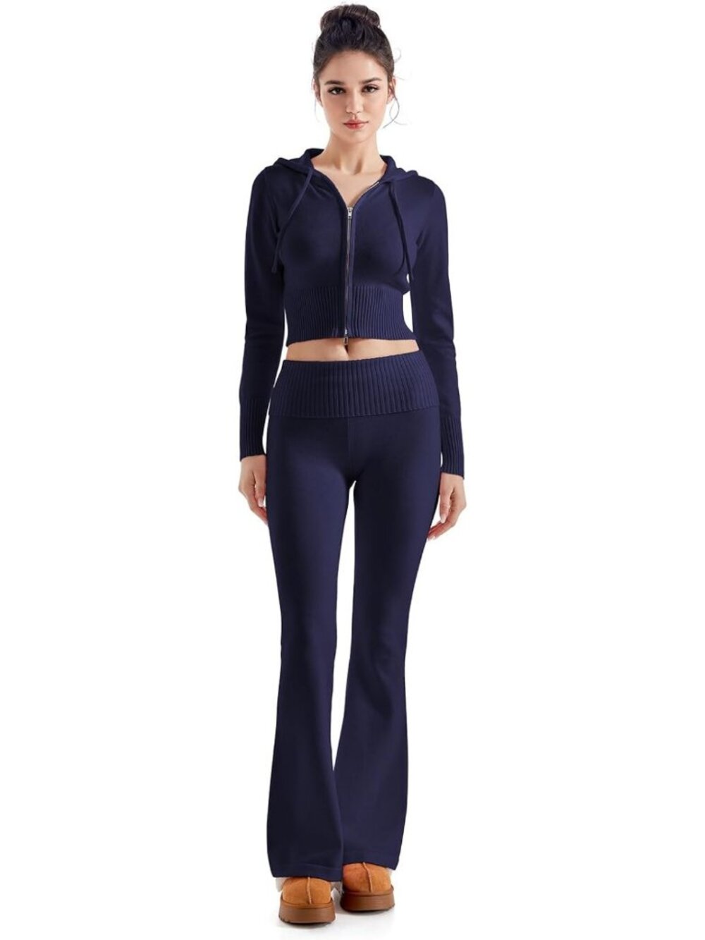 Chic Women's 2-Piece Knit Set: Cropped Zip-Up Hoodie & Flare Leg Pants Outfit